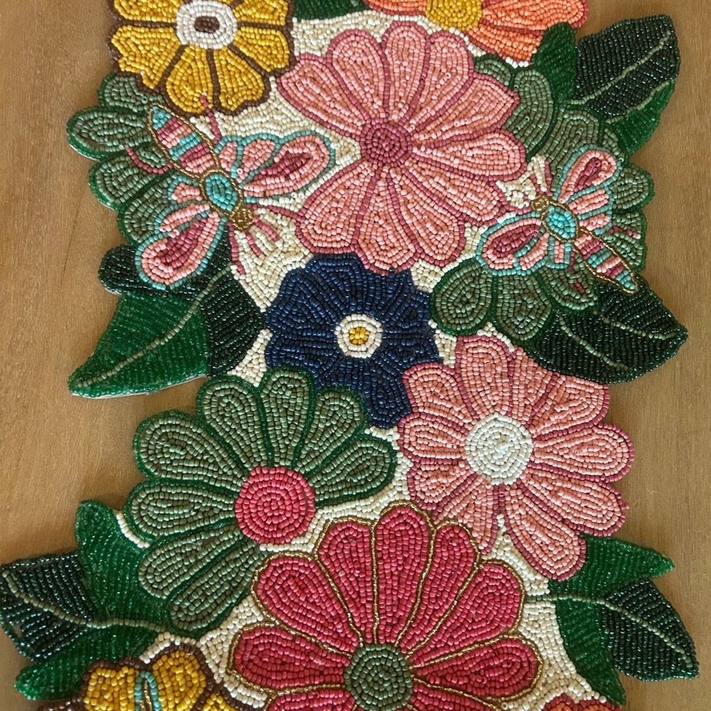 World Market Multicolor Floral and Bug Beaded Table Runner - Picture 3 of 3